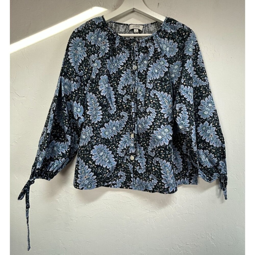 J.Crew Collection Womens Tie-sleeve Button-front Top Small Ratti Blue Floral